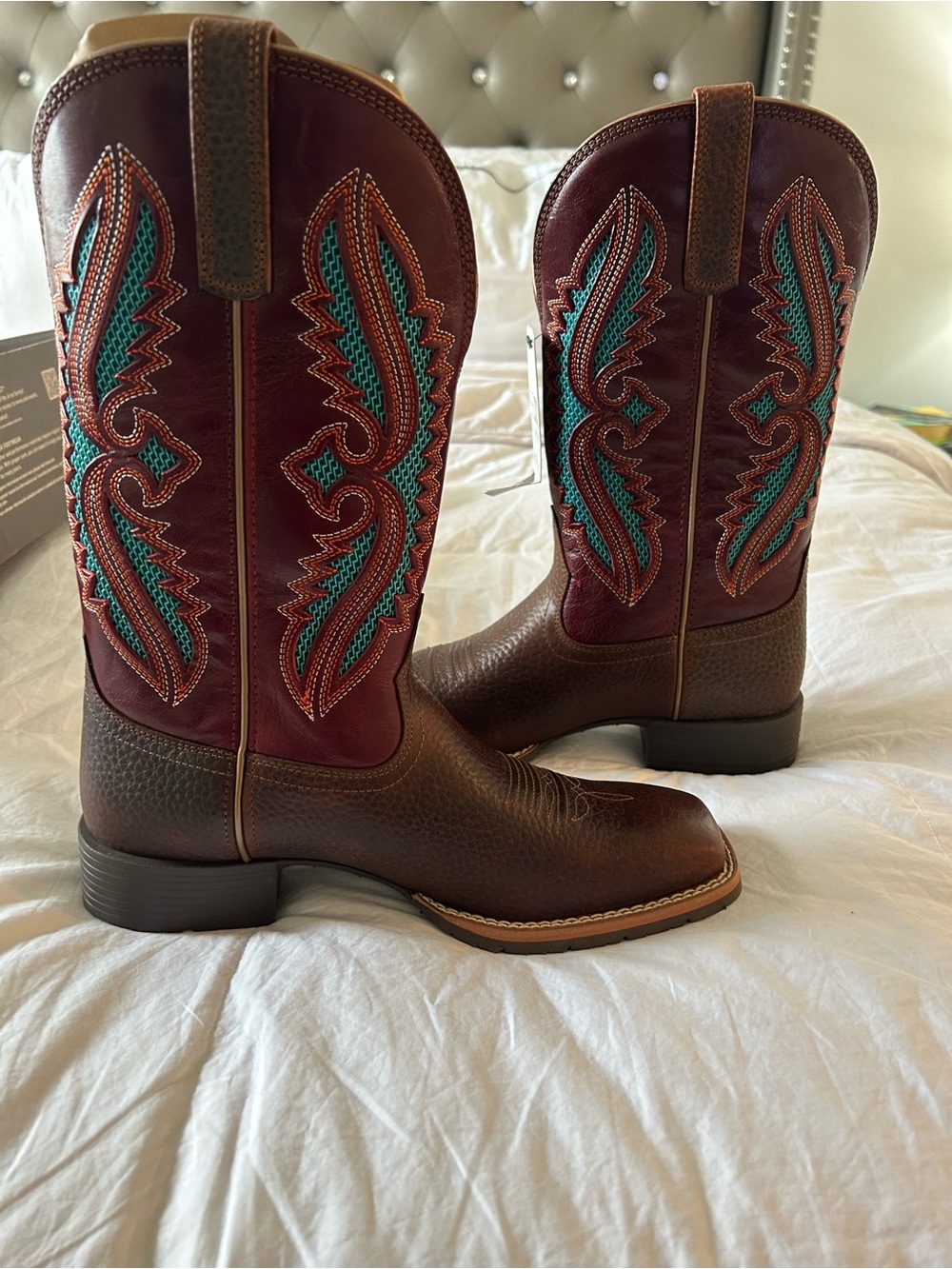 Ariat Brown Leather Cowboy Boots with Teal Embroidery